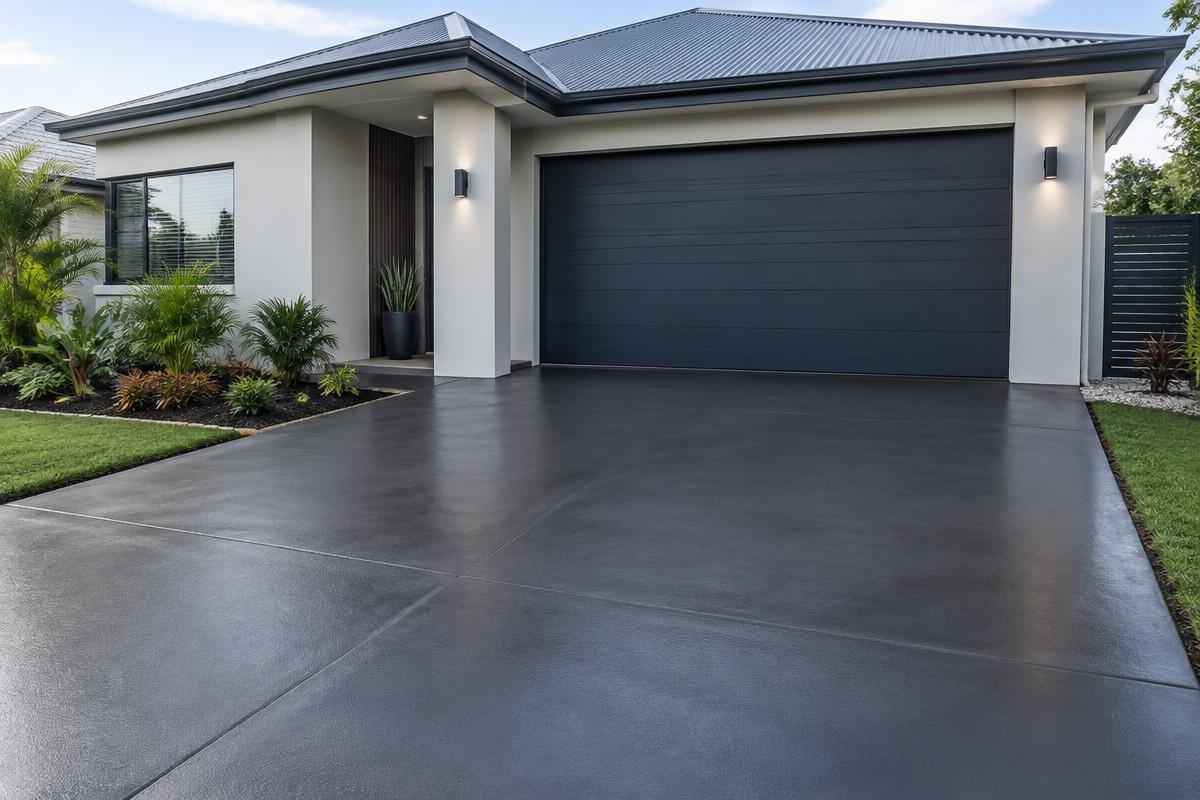 Freshly sealed charcoal concrete driveway