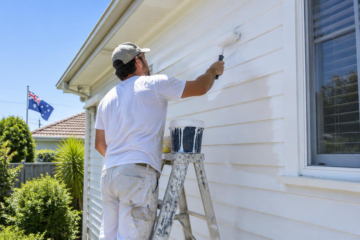 Painter rolling white paint onto weatherboard cladding