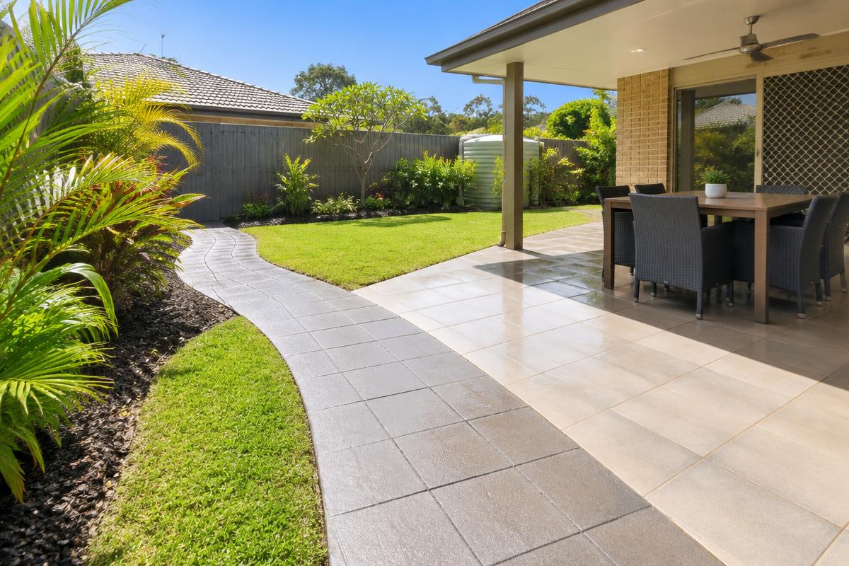 Clean paved garden path and tiled patio area