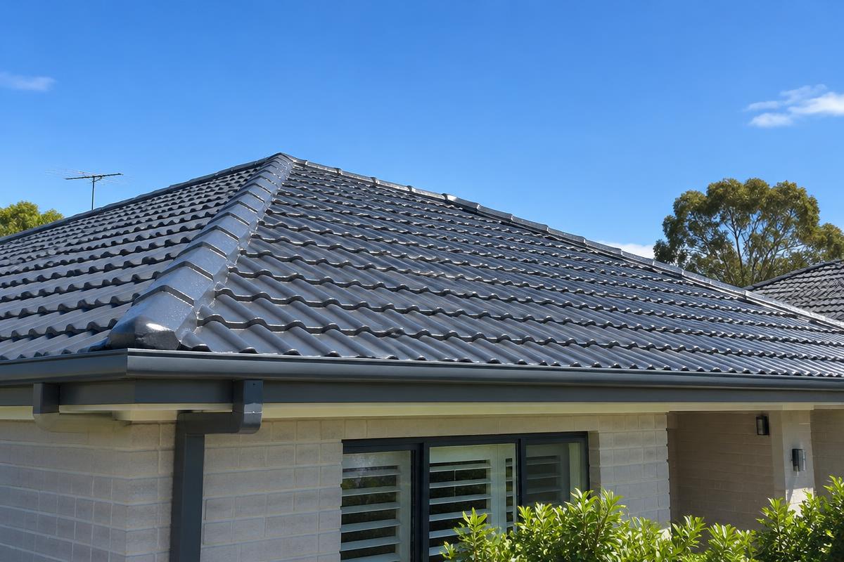 Freshly sealed and painted dark grey tiled roof