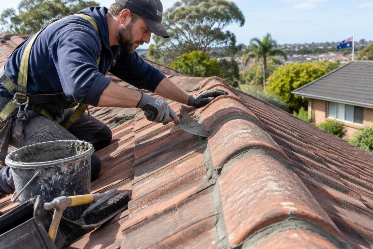 Roofer repointing ridge capping on a tiled roof